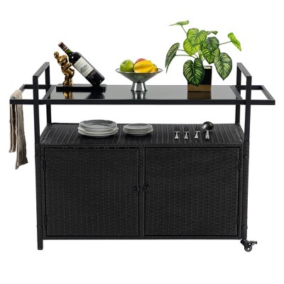MOEPISY Outdoor Wicker Serving Carts, Patio Serving Cart with Wheels, Rolling Rattan Beverage Bar Counter Table