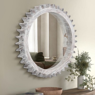 Vintage Wood Mirror, Round Hanging Gear Shape Vanity Mirror Wall Decor, Modern Mirror for Bathroom, Bedroom, Living Room - ModernLuxe