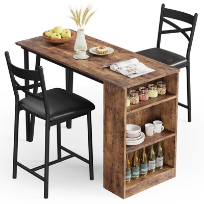 3-Piece Counter Height Dining Table Set with Stools, Drop Leaf Bar Table and Chairs, Storage Shelves, Space-Saving Kitchen Furniture