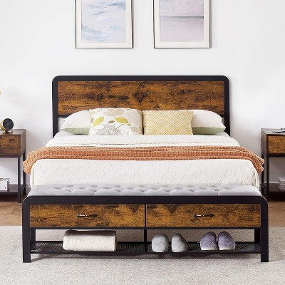 coucheta Bed Frame with Headboard,Flannel Stool and 2 Storage Drawers, Sturdy Metal Platform
