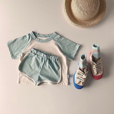 MyKids-USA Baby Boys And Girls Color Patchwork Design Round Neck Short-Sleeved Top Combo Shorts Summer Cotton Sets
