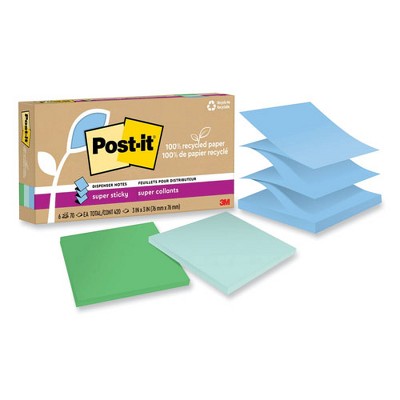 Post-it Notes Super Sticky 100% Recycled Paper Super Sticky Notes, 3" x 3", Oasis, 70 Sheets/Pad, 6 Pads/Pack