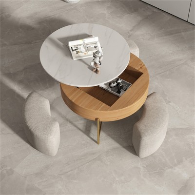 3 in 1 Lift Top Nesting Coffee Table with Storage,31.5" Round Marble Nesting Coffee Table with Linen Ottoman,Center Coffee Table Set