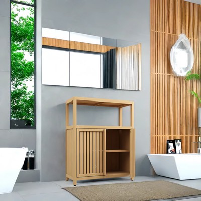 LOVSON Bamboo Freestanding Bathroom Storage Cabinet with Adjustable Shelves and Open Side Storage for Bathroom, Living Room and Kitchen