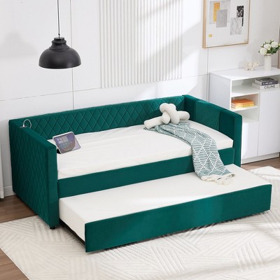 Velvet Daybed with Pop-up Trundle for Bedroom/Guest Room, Twin Size Sofa Beds Frame with USB Ports and Storage Pocket, No Box Spring Needed