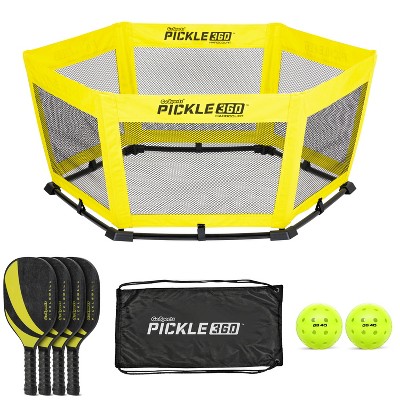 GoSports Pickle 360 Hardcourt Game Set - Pickleball Meets Roundnet - Beach Lawn Paddle Ball Game Set - Yellow