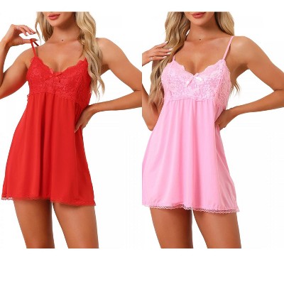 cheibear Women's Lace V-neck A-line Nightgowns with Adjustable Strap 2 Pcs