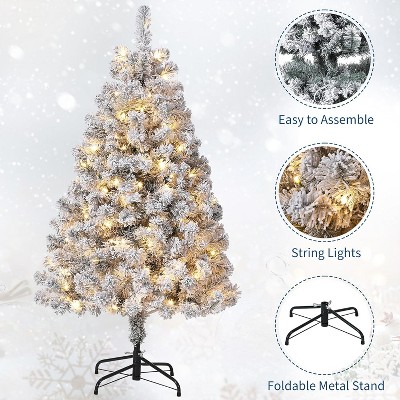 4.5ft/6ft/7.5ft/9ft Pre-Lit Snow Flocked Christmas Tree - 100 Warm White LEDs with Foot Pedal, Hinged Branches & Metal Stand