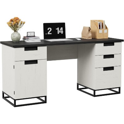 59" Farmhouse Executive Desk, Home Office Desk with File Drawer and Storage Cabinet, Wooden Computer Table with 3 Drawers