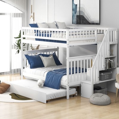 NicBex Full over Full Bunk Bed Draggable Design Pine Frame Bed Frame with Storage Stairs, Rollers and Guardrails, No Box Spring Required