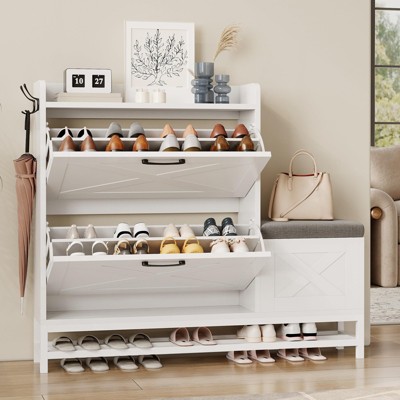 GustoWave Shoe Cabinet with 2 Flip-Drawers & Storage Bench, Farmhouse Wood Freestanding Shoe Rack with 2 Hooks & Bottom Shelf for Entryway