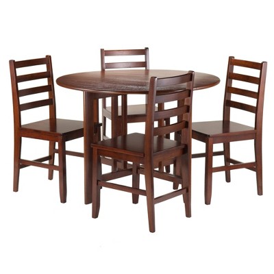 Winsome 5pc Alamo Drop Leaf Dining Set with Ladder Back Chairs Wood/Walnut: Round Breakfast Table, 4-Seat Room Furniture