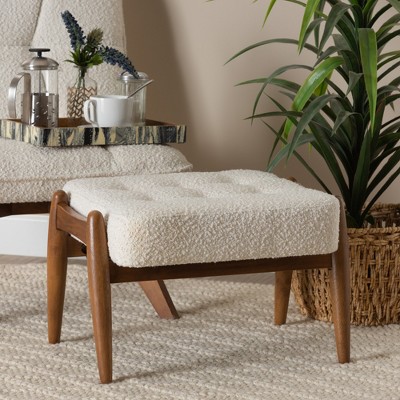 Baxton Studio Jeanine Japandi Cream Boucle Fabric and Walnut Brown Finished Rubberwood Ottoman Footstool