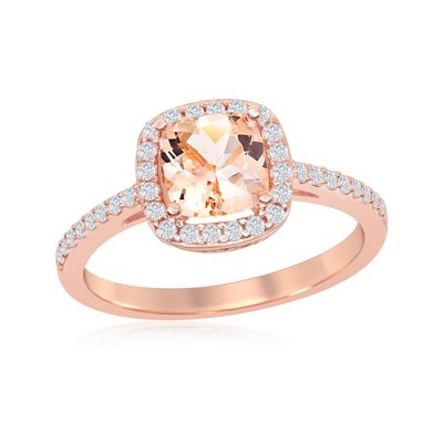 Bella Silver Sterling Silver Square Morganite CZ with White CZ Border Ring  - Available Sizes:  9 ,  8 ,  7 ,  6