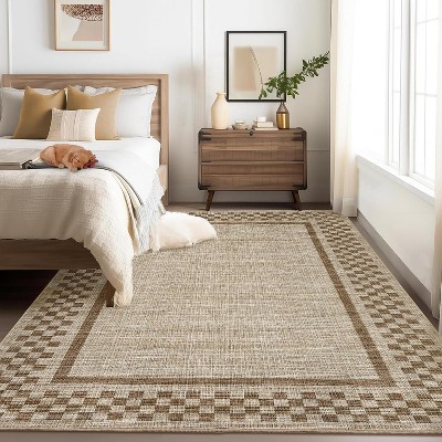 coucheta 10x13ft Machine Washable Area Rugs, Modern Bordered Non Slip Checkered Geometric Soft Bedroom Throw Carpet, for Living Room, Dining, Taupe