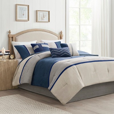 7 Piece Faux Suede Comforter Set Blue Cal King