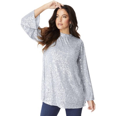 Roaman's Sequin Mock Neck Blouse