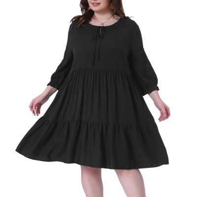 Agnes Orinda Women's Plus Size Flowy Casual Tie V Neck Lace Sleeve Ruffle Hem Midi Babydoll Dresses