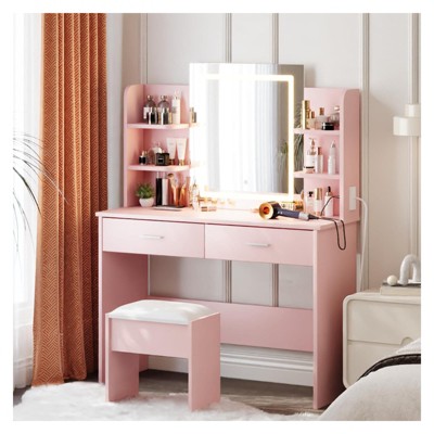 Vanity Desk with Mirror and Lights, Tri-Color LED Makeup Vanity Table with Power Outlet, 2 Drawers, 6 Shelves, Modern Bedroom for Women