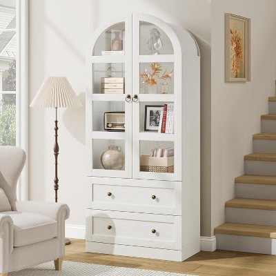71" Armed Bookcase Cabinet - Wood Storage w/ Doors & Drawers, Farmhouse Display Case for Office & Living Room