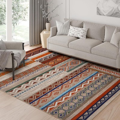 Acekool 5x7 Washable Rug – Vintage Geometric Non-Slip Carpet, Ultra-Thin Floor Mat for Living Room & Bedroom