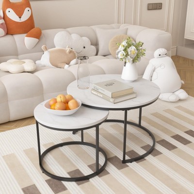 NicBex 19.6"/27.5" Nesting Coffee Table for Living Room,Round Living Room Marble Pattern Top Side Tables with Metal Legs,Set of 2