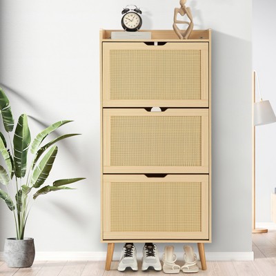 Shoe Storage Cabinet with 3 Drawers, Rattan Shoe Organizer Cabinet, Slim Entryway Hidden Shoe Rack for Living Room Bedroom Hallway