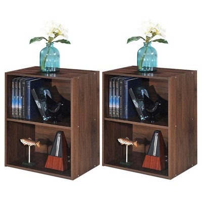 Costway 2PCS 2 Tier Open Shelf Night Stand End Table Sofa Side Storage Display Walnut