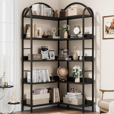 Corner Bookshelf, L Shaped Bookshelf Arched 5 Tier Corner Shelf with Metal Frame for Living Room Bedroom