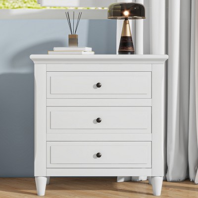 Lyngins 28'' Side Table with Solid Rubber Wood Legs, 3-Drawer Bedroom Nightstand, End Table for Living Room, Small Sofa Side Table