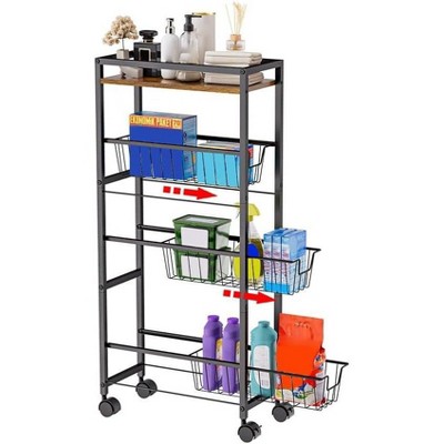 Slim 4-Tier Rolling Storage Cart, Narrow Slide-Out Utility Shelf with 3 Removable Baskets, Space-Saving Organizer for Kitchen, Bedroom, Living Room