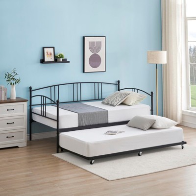 Metal Twin Daybed Sofa Bed Frame with Pullout Trundle, 6 Casters, Durable Steel Slats, Perfect Bed for Living Room or Guest Room