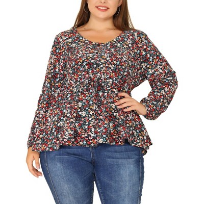 Agnes Orinda Women's Plus Size Round Neck Button Up Puff Floral Long Sleeve Casual Peplum Blouses