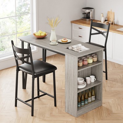 Set for 2 Bar Table and Chairs Set with Flip Top Extension 2 Armless Chair and Storage Shelves