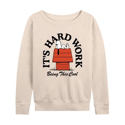 Women's - Peanuts - Hard Work Being Cool Snoopy Lightweight French Terry Wide Neck Long Sleeve Graphic Shirt