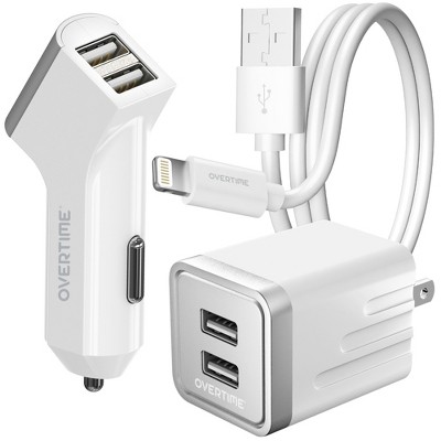 Overtime Apple MFi Certified Charging Bundle with Dual USB Wall & Car Chargers and 4ft Charging Cable, White