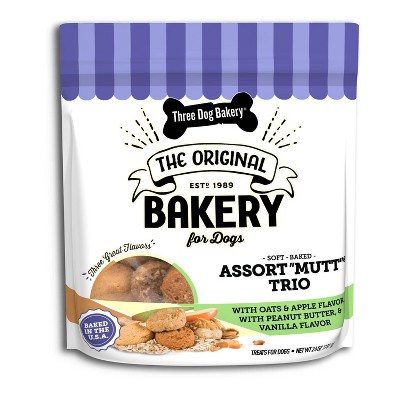 Three Dog Bakery Assorted "Mutt" Trio Chewy with Peanut Butter, Carob and Vanilla Flavor Dog Treats - 26oz