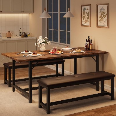 63-Inch Extendable Rustic Brown Dining Table Set for 4-6, Rectangle Wood Kitchen Table with 2 Soft Benches, Space-Saving Design for Small Spaces