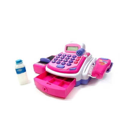 JuzToys Pretend Play Cash Register Toy for Kids – Electronic Pretend Cash Register with Scanner, Microphone, Sound, Shopping Basket – Pink