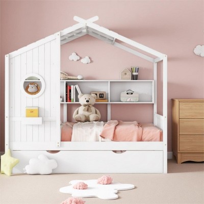 Merax Wooden House Bed with Trundle & Built-In Storage Shelves