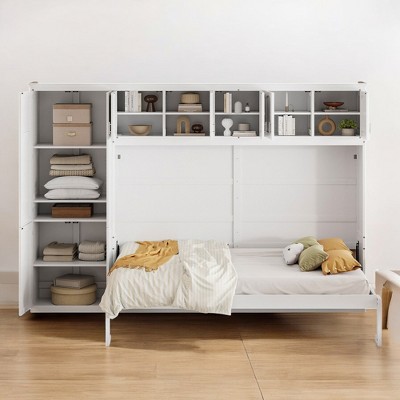 Mshliw Queen Size Murphy Bed with Wardrobe and Drawers, Wall Bed Cabinet with Storage Shelves, Foldable Space Saving Bed Frame