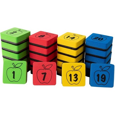 Juvale 24 Pack Numbered Magnetic Mini Dry Erase Erasers for Teachers, Classroom Whiteboard, School Supplies, 4 Colors, 2 In