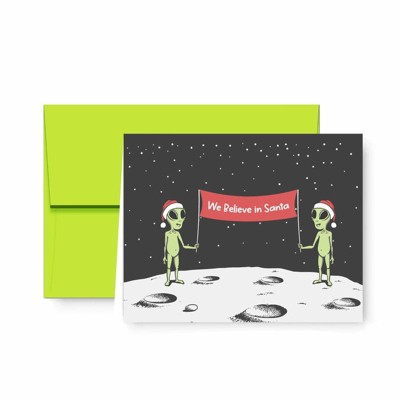 Paper Frenzy Aliens Outer Space We Believe in Santa Funny Humorous Christmas Holiday Cards with Lime Green Envelopes - 25 pack