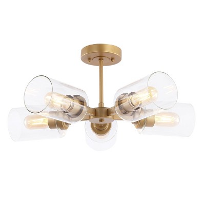 21.5" LED 5-Light Jaynie Industrial Iron Cylinder Pendant Gold/Clear - JONATHAN Y: Modern Semi-Flush Glass Fixture