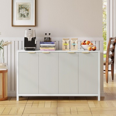 55" Modern Fluted Sideboard Buffet Cabinet with Storage, Wood Coffee Bar Buffet Table with 4 Doors & Adjustable Shelves