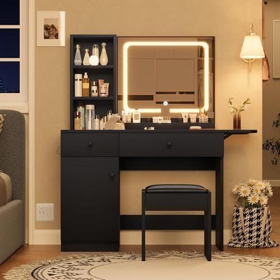 Bedroom Vanity with Lights, Wooden Dresser Set, Modern Dresser with Drawers, Cabinet, Shelf and Stool for Dresser, White