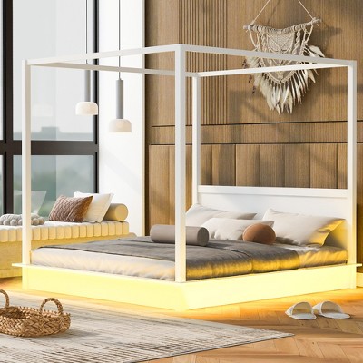 King Size Wood Canopy Bed with Support Slats for Bedroom