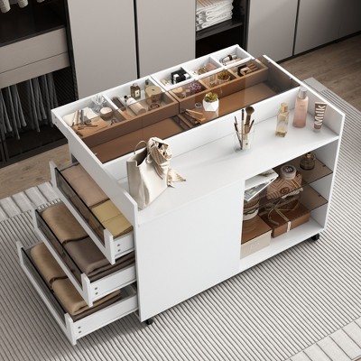 43.3"W Movable Storage Cabinet Island Vanity Dresser with Side Drawers, and Two Glass Display Shelves, White -ModernLuxe