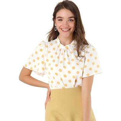 INSPIRE CHIC Women's Polka Dots Stand Collar Pleat Keyhole Back Short Flare Sleeve Tops