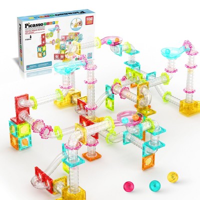 PICASSO-TILES Marble Run Magnetic Tiles for Kids, 100PCS, Mini Construction Magnet Tiles Race Track Building Blocks STEM Toy